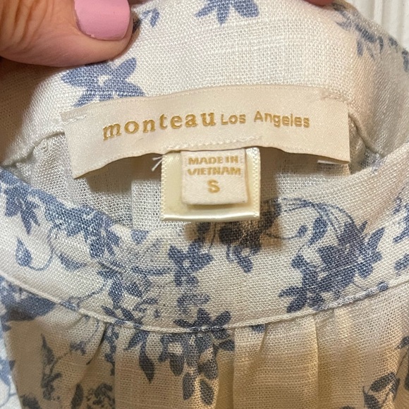 Linen coquette mini dress blue white romantic flutter sleeve small - Picture 7 of 9